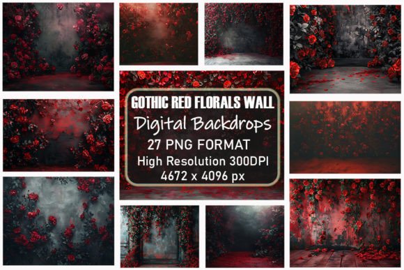 Download Gothic Red Flowers Wall Digital Backdrop - Flowers Collection