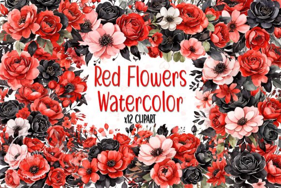 Download Red and Black Flowers Watercolor Clipart - Flowers Collection