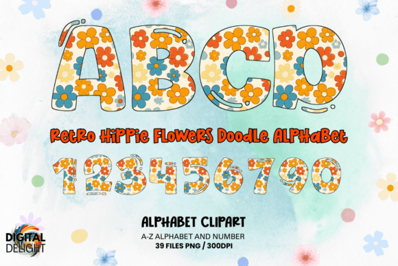 Download Retro Hippie Flowers Doodle Alphabets - Flowers Collection
